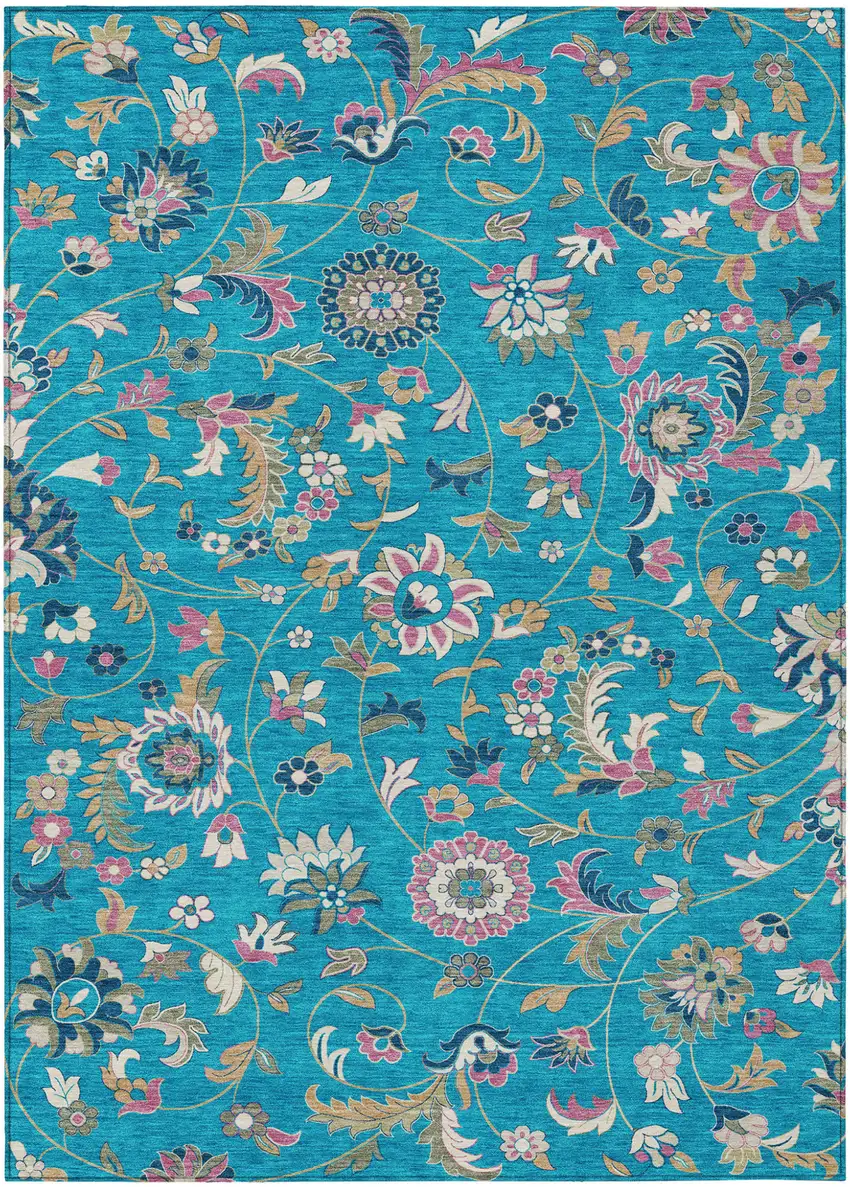 Teal Blue Ivory And Pink Floral Washable Indoor Outdoor Area Rug Photo 2