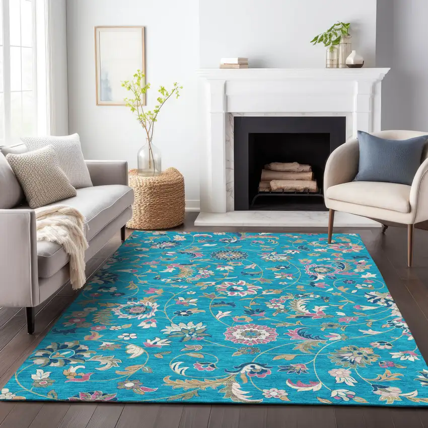 Teal Blue Ivory And Pink Floral Washable Indoor Outdoor Area Rug Photo 9