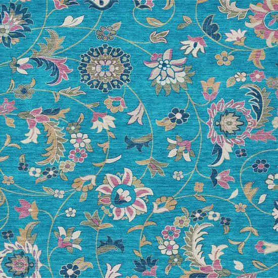 Teal Blue Ivory And Pink Floral Washable Indoor Outdoor Area Rug Photo 6