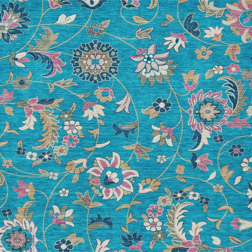 Teal Blue Ivory And Pink Floral Washable Indoor Outdoor Area Rug Photo 6