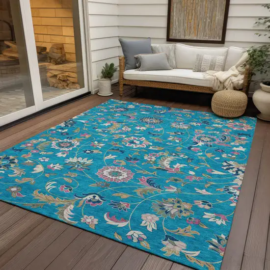 Teal Blue Ivory And Pink Floral Washable Indoor Outdoor Area Rug Photo 8