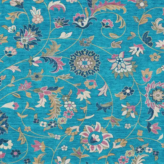 Teal Blue Ivory And Pink Floral Washable Indoor Outdoor Area Rug Photo 6