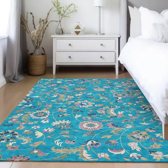 Teal Blue Ivory And Pink Floral Washable Indoor Outdoor Area Rug Photo 9