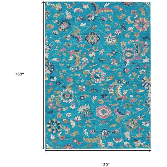 Teal Blue Ivory And Pink Floral Washable Indoor Outdoor Area Rug Photo 3
