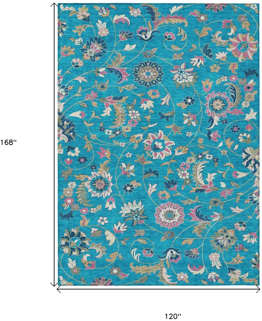 Teal Blue Ivory And Pink Floral Washable Indoor Outdoor Area Rug Photo 3