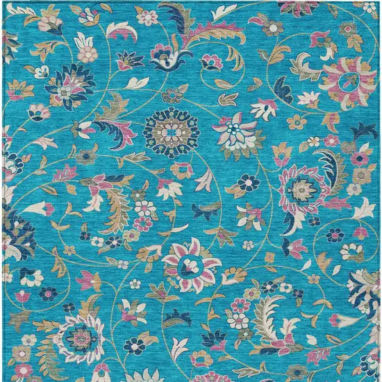 Teal Blue Ivory And Pink Floral Washable Indoor Outdoor Area Rug Photo 7