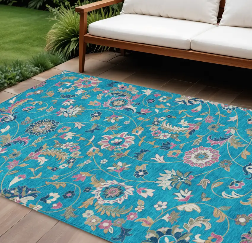 Teal Blue Ivory And Pink Floral Washable Indoor Outdoor Area Rug Photo 1