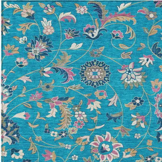 Teal Blue Ivory And Pink Floral Washable Indoor Outdoor Area Rug Photo 6