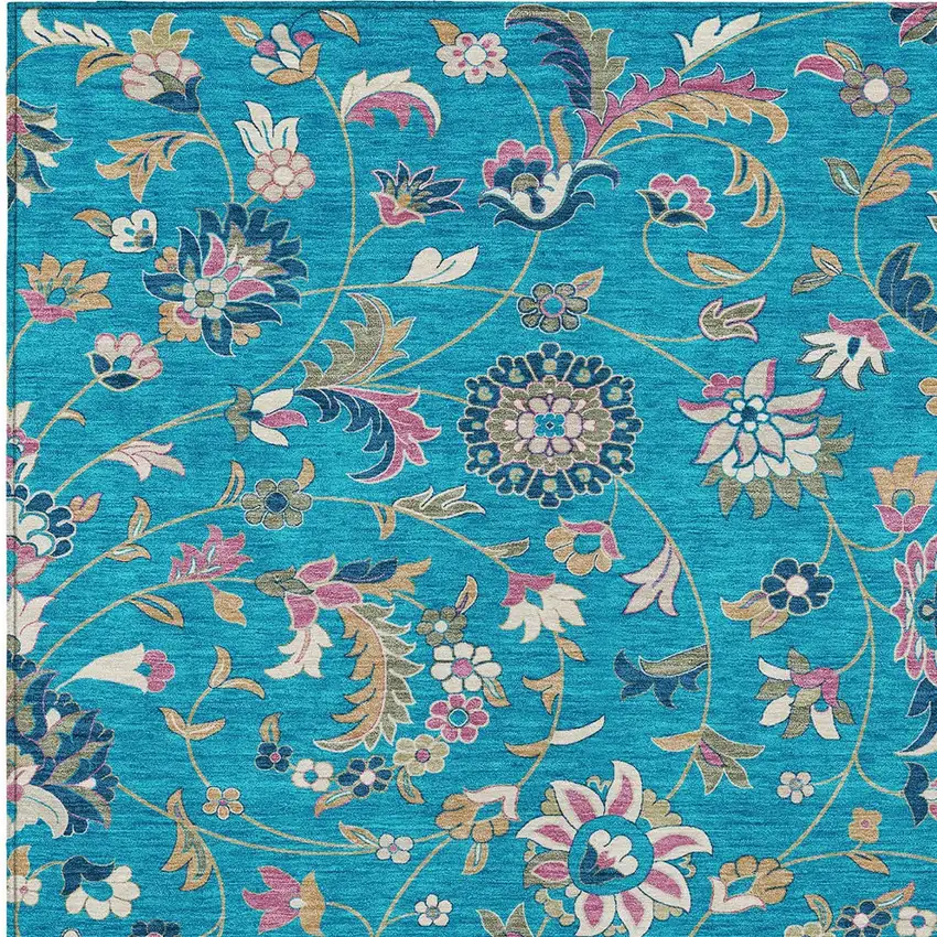 Teal Blue Ivory And Pink Floral Washable Indoor Outdoor Area Rug Photo 6