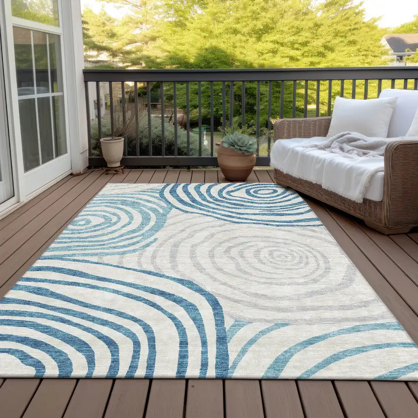 Teal Blue Ivory And Silver Abstract Washable Indoor Outdoor Area Rug Photo 7