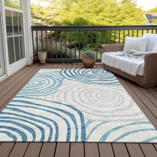 Teal Blue Ivory And Silver Abstract Washable Indoor Outdoor Area Rug Photo 7