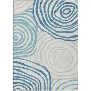 Photo of Teal Blue Ivory And Silver Abstract Washable Indoor Outdoor Area Rug