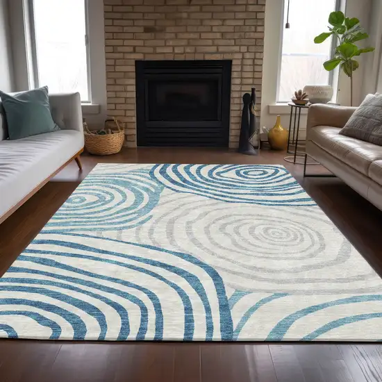 Teal Blue Ivory And Silver Abstract Washable Indoor Outdoor Area Rug Photo 7