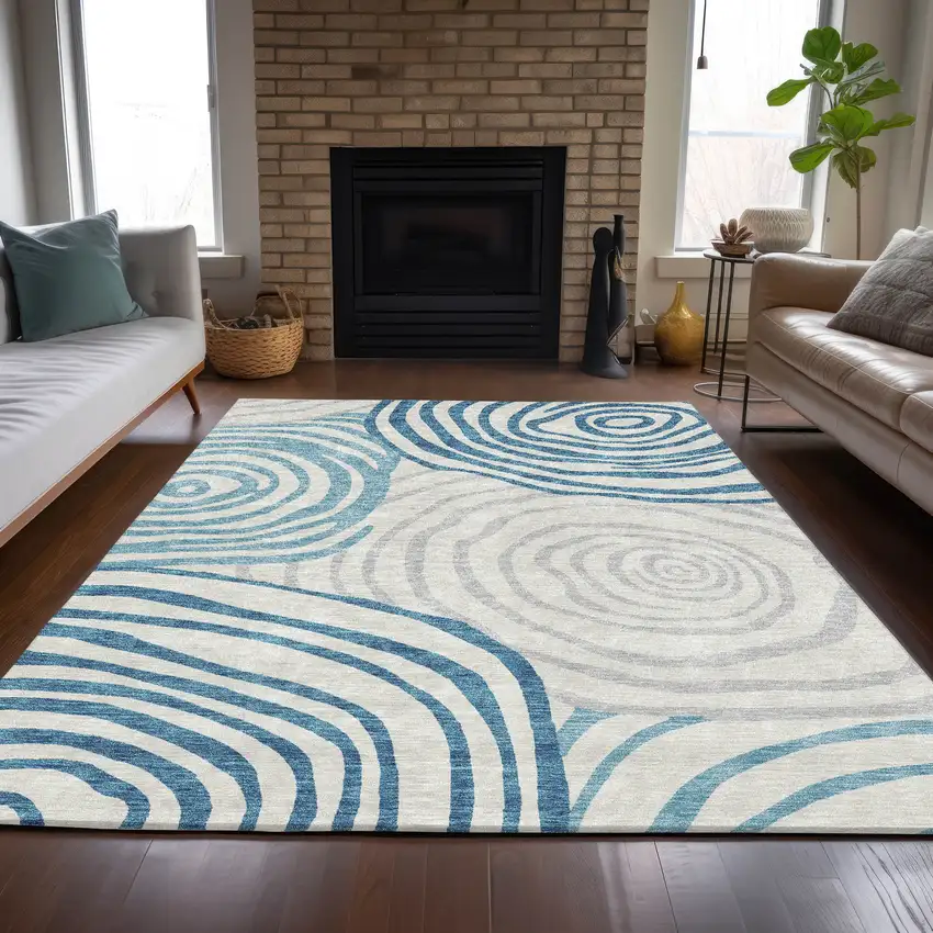 Teal Blue Ivory And Silver Abstract Washable Indoor Outdoor Area Rug Photo 9