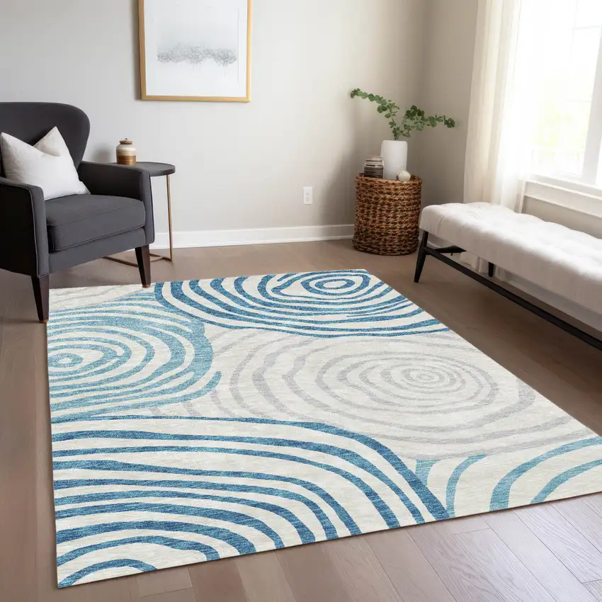 Teal Blue Ivory And Silver Abstract Washable Indoor Outdoor Area Rug Photo 9