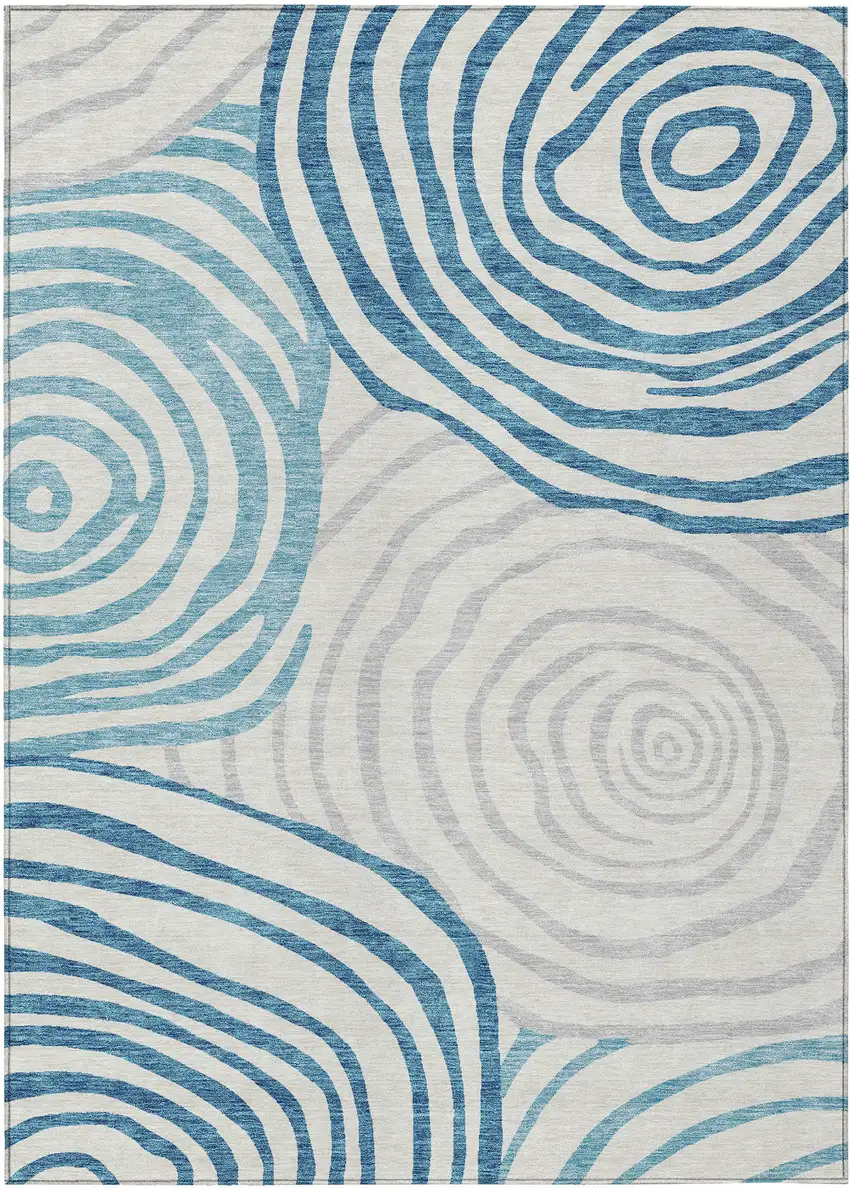 Teal Blue Ivory And Silver Abstract Washable Indoor Outdoor Area Rug Photo 1