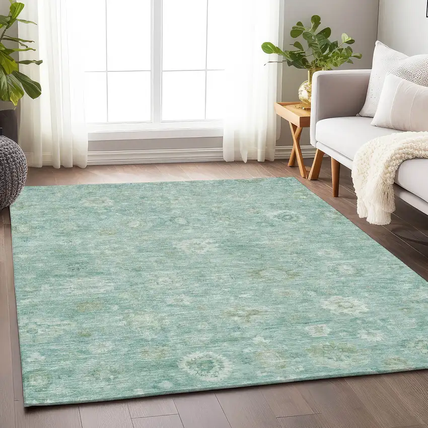 Teal Blue Ivory And Tan Damask Washable Indoor Outdoor Area Rug Photo 6