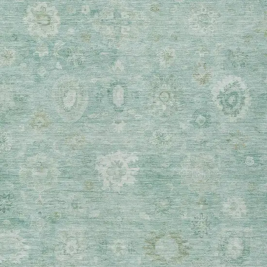 Teal Blue Ivory And Tan Damask Washable Indoor Outdoor Area Rug Photo 4