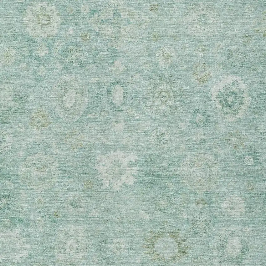 Teal Blue Ivory And Tan Damask Washable Indoor Outdoor Area Rug Photo 4