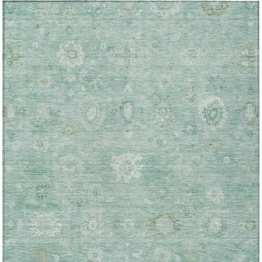 Teal Blue Ivory And Tan Damask Washable Indoor Outdoor Area Rug Photo 6