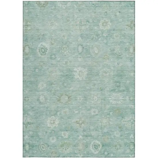 Teal Blue Ivory And Tan Damask Washable Indoor Outdoor Area Rug Photo 3