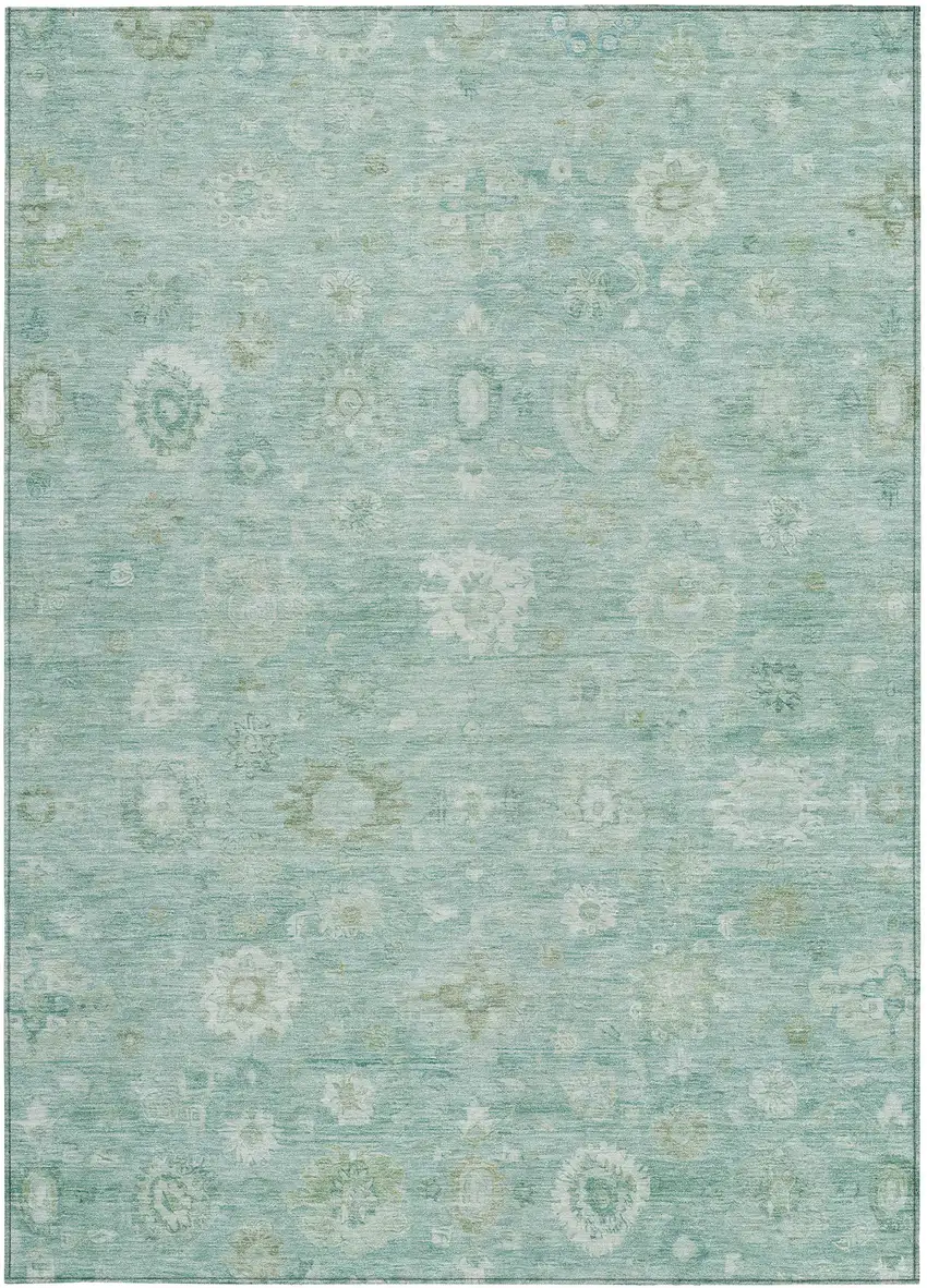 Teal Blue Ivory And Tan Damask Washable Indoor Outdoor Area Rug Photo 3