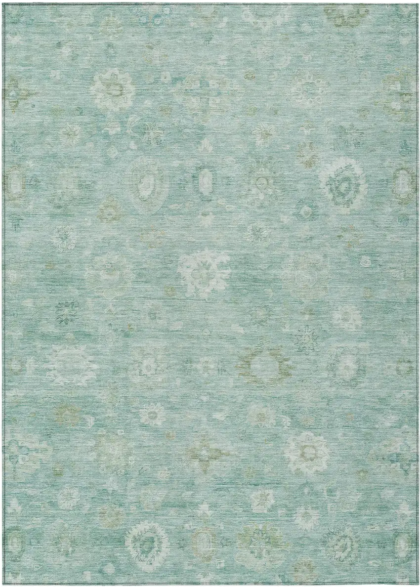 Teal Blue Ivory And Tan Damask Washable Indoor Outdoor Area Rug Photo 1