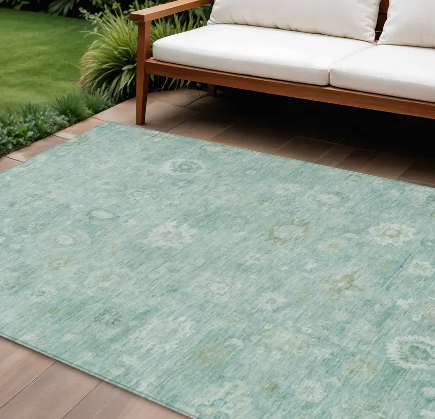 Teal Blue Ivory And Tan Damask Washable Indoor Outdoor Area Rug Photo 2