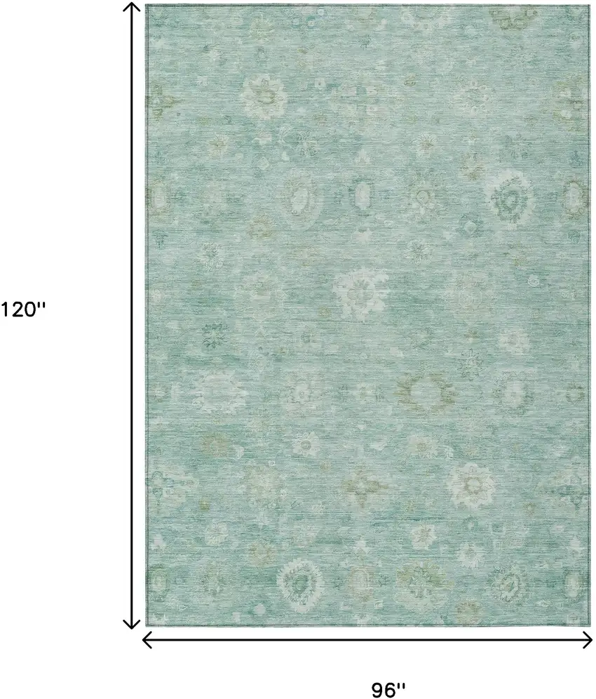 Teal Blue Ivory And Tan Damask Washable Indoor Outdoor Area Rug Photo 9