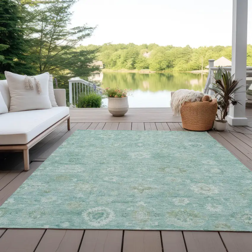 Teal Blue Ivory And Tan Damask Washable Indoor Outdoor Area Rug Photo 5