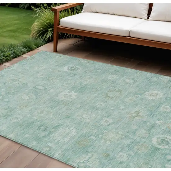 Teal Blue Ivory And Tan Damask Washable Indoor Outdoor Area Rug Photo 2