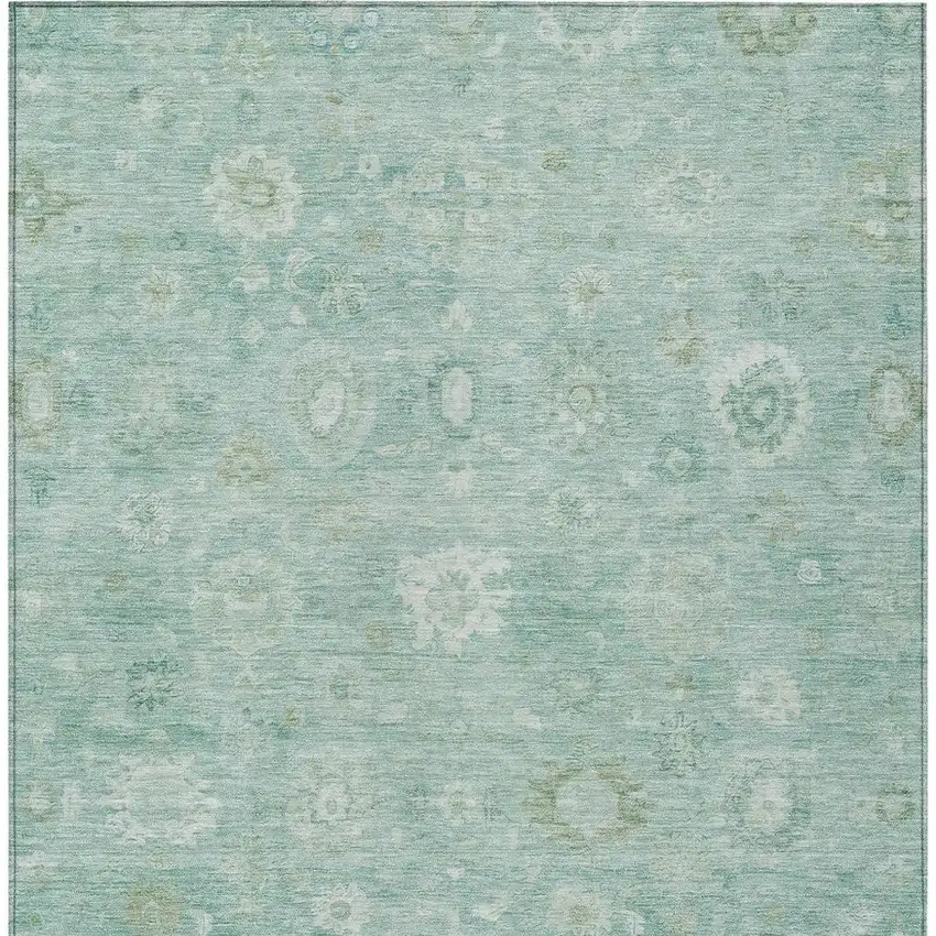 Teal Blue Ivory And Tan Damask Washable Indoor Outdoor Area Rug Photo 3