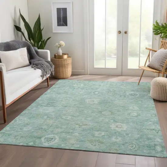 Teal Blue Ivory And Tan Damask Washable Indoor Outdoor Area Rug Photo 6