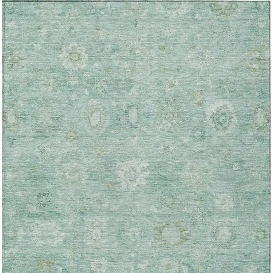 Teal Blue Ivory And Tan Damask Washable Indoor Outdoor Area Rug Photo 8