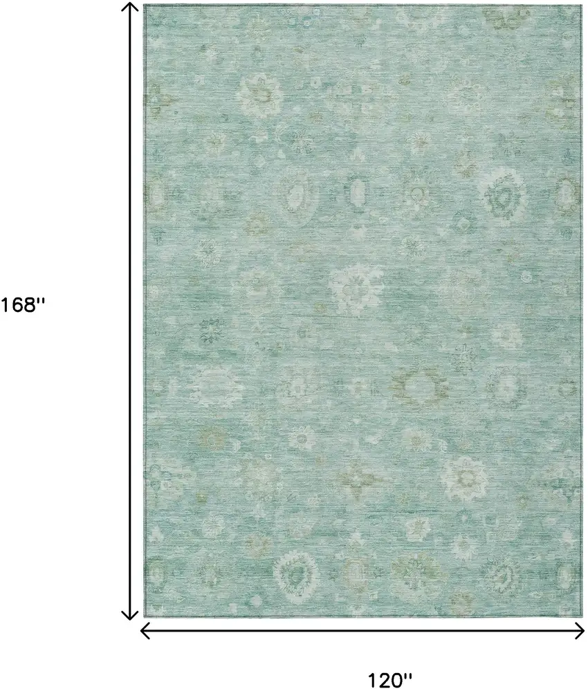 Teal Blue Ivory And Tan Damask Washable Indoor Outdoor Area Rug Photo 9