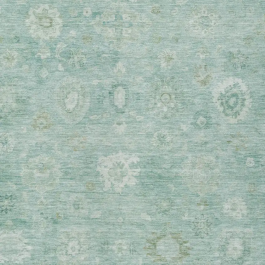 Teal Blue Ivory And Tan Damask Washable Indoor Outdoor Area Rug Photo 6