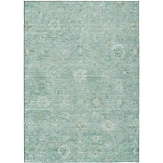 Teal Blue Ivory And Tan Damask Washable Indoor Outdoor Area Rug Photo 1