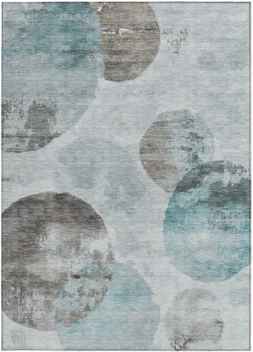 Teal Blue Ivory And Taupe Abstract Washable Indoor Outdoor Area Rug Photo 4