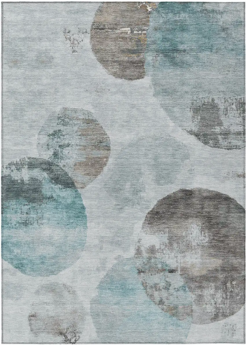 Teal Blue Ivory And Taupe Abstract Washable Indoor Outdoor Area Rug Photo 1
