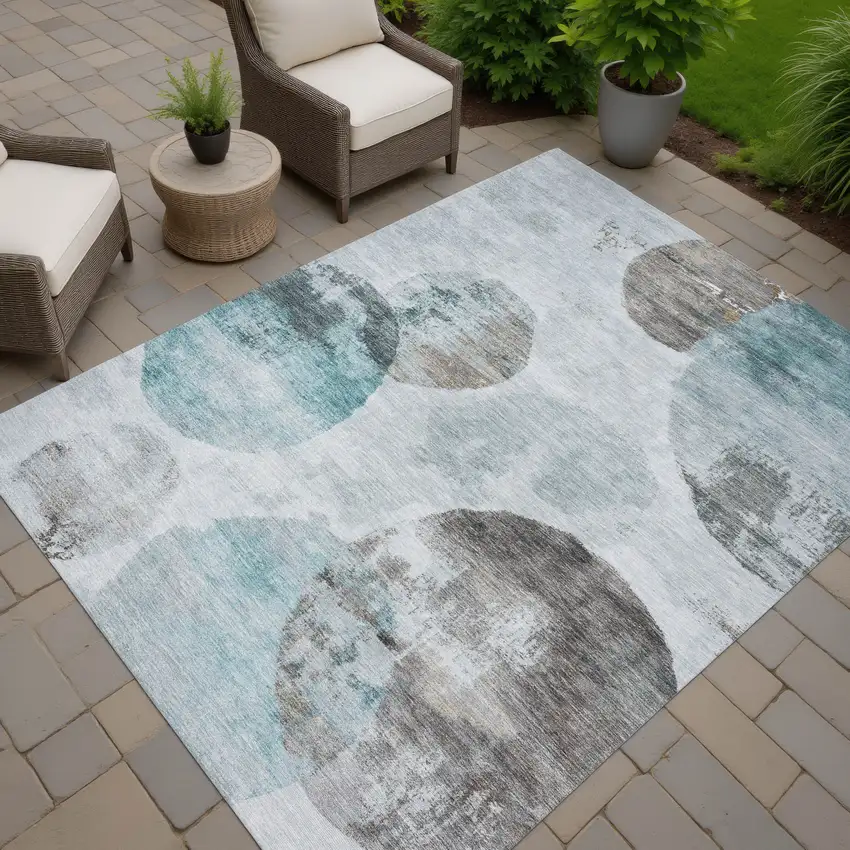 Teal Blue Ivory And Taupe Abstract Washable Indoor Outdoor Area Rug Photo 7