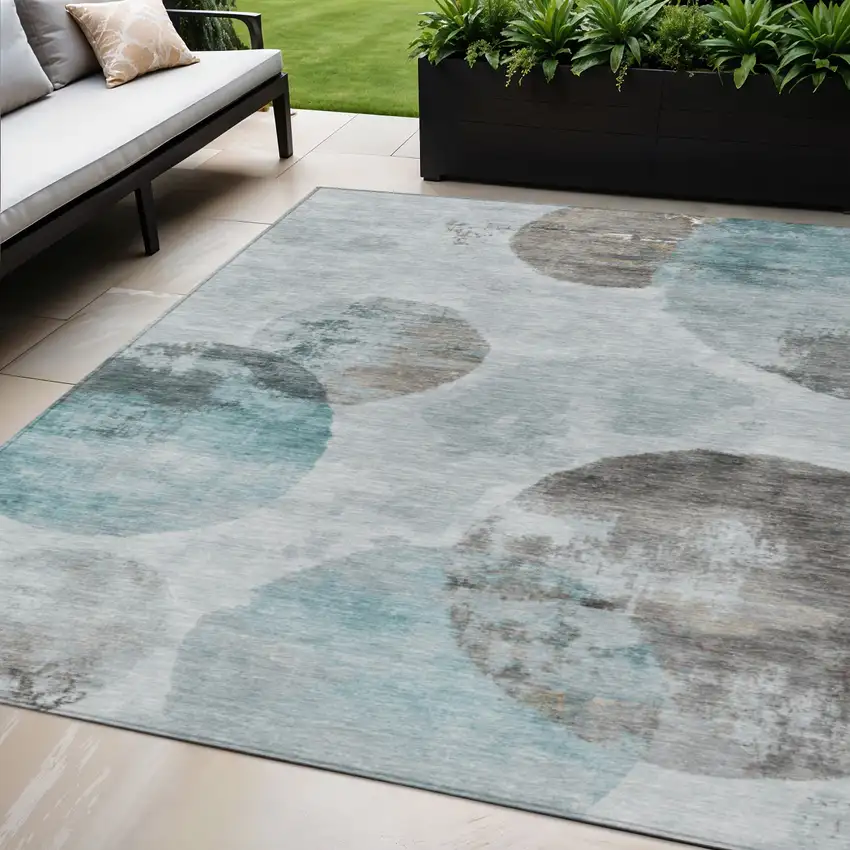Teal Blue Ivory And Taupe Abstract Washable Indoor Outdoor Area Rug Photo 1