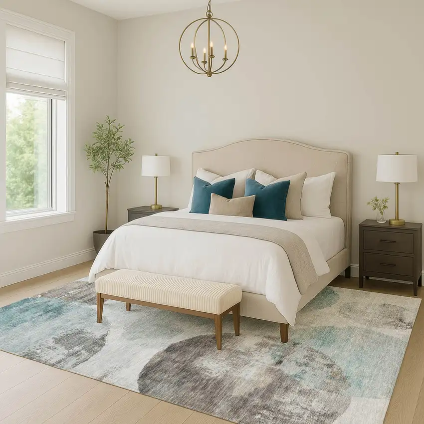 Teal Blue Ivory And Taupe Abstract Washable Indoor Outdoor Area Rug Photo 8