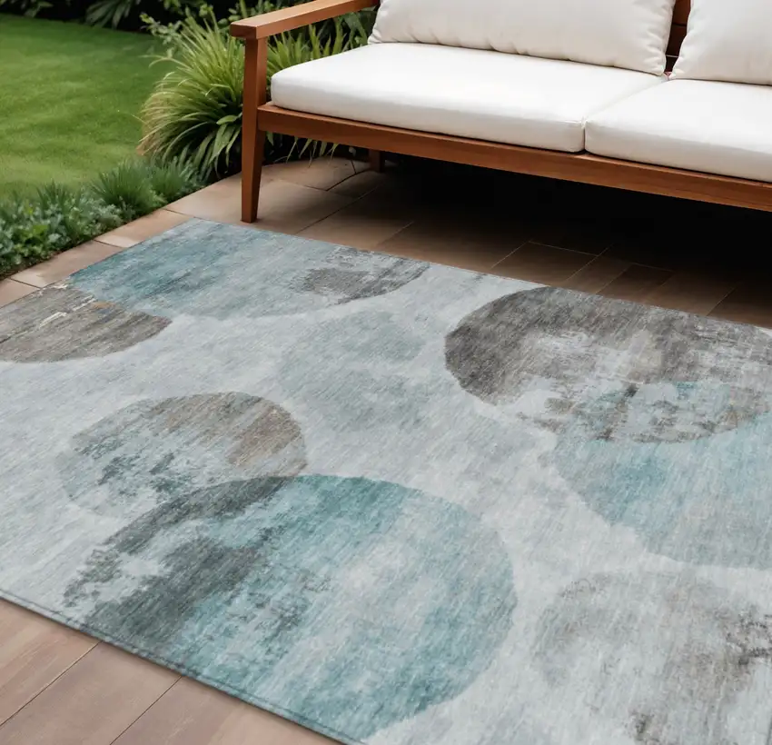 Teal Blue Ivory And Taupe Abstract Washable Indoor Outdoor Area Rug Photo 1