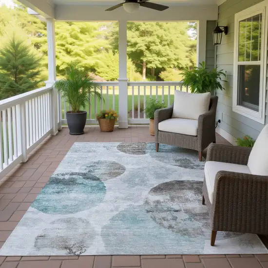 Teal Blue Ivory And Taupe Abstract Washable Indoor Outdoor Area Rug Photo 9