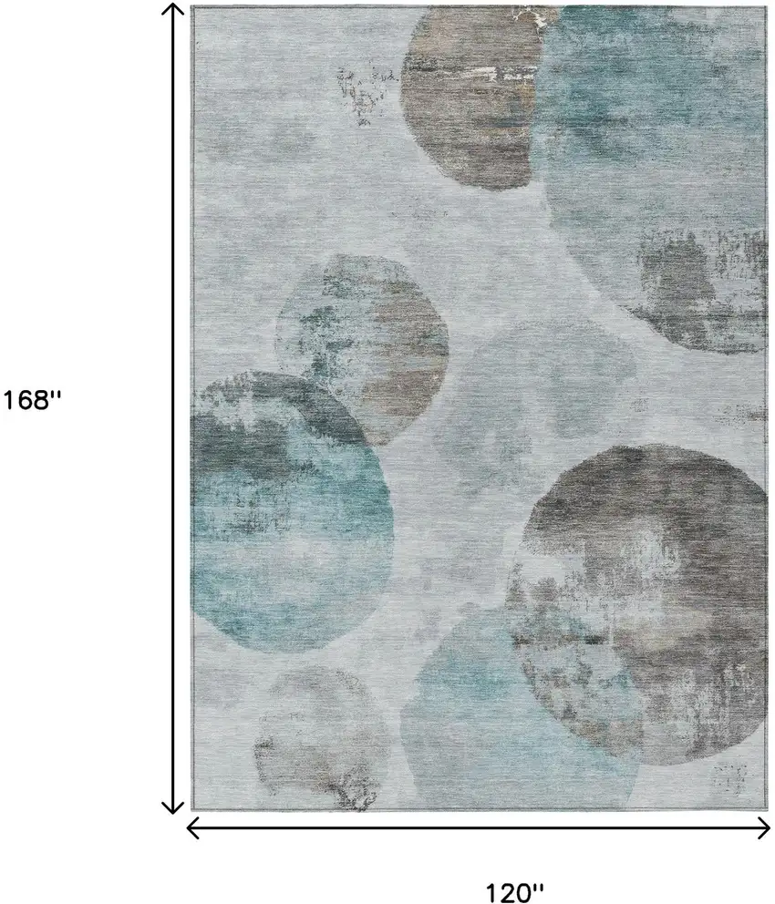 Teal Blue Ivory And Taupe Abstract Washable Indoor Outdoor Area Rug Photo 3