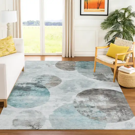 Teal Blue Ivory And Taupe Abstract Washable Indoor Outdoor Area Rug Photo 9