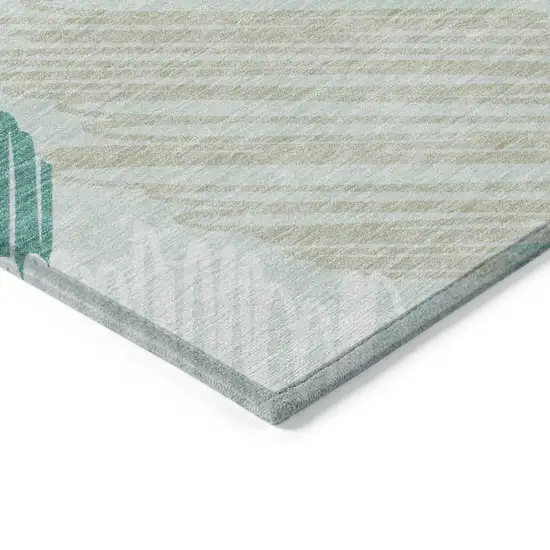 Teal Blue Ivory And Taupe Geometric Washable Indoor Outdoor Area Rug Photo 9