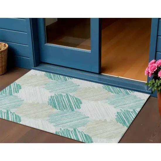 Teal Blue Ivory And Taupe Geometric Washable Indoor Outdoor Area Rug Photo 2