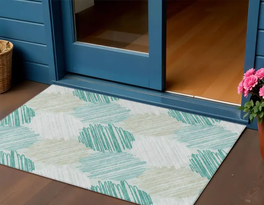 Teal Blue Ivory And Taupe Geometric Washable Indoor Outdoor Area Rug Photo 2