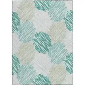 Photo of Teal Blue Ivory And Taupe Geometric Washable Indoor Outdoor Area Rug